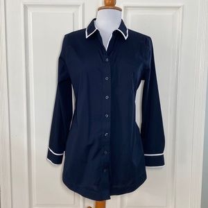 Chico’s Tunic Button Down Shirt White Collar and Cuff accent size 1 No-Iron